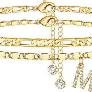 Ankle Bracelets for Women, 14K Gold Plated Dainty Layered Chain CZ Initial Ankle